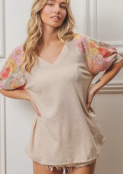 FINAL SALE - Floral Sleeve Oatmeal Top