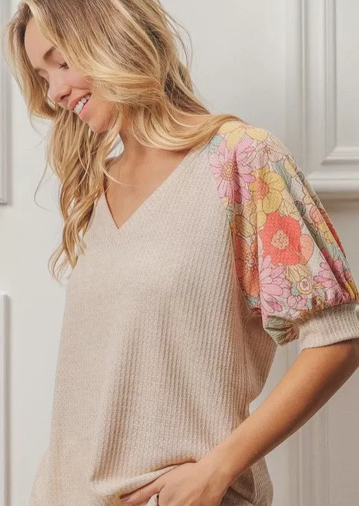 FINAL SALE - Floral Sleeve Oatmeal Top