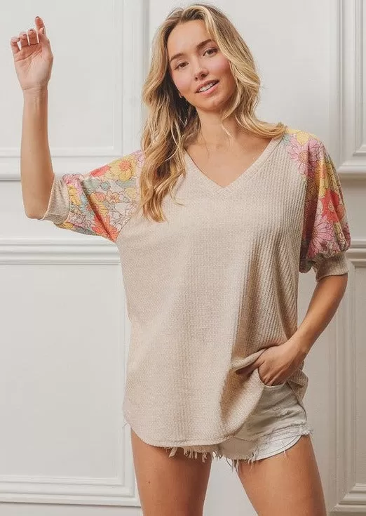 FINAL SALE - Floral Sleeve Oatmeal Top