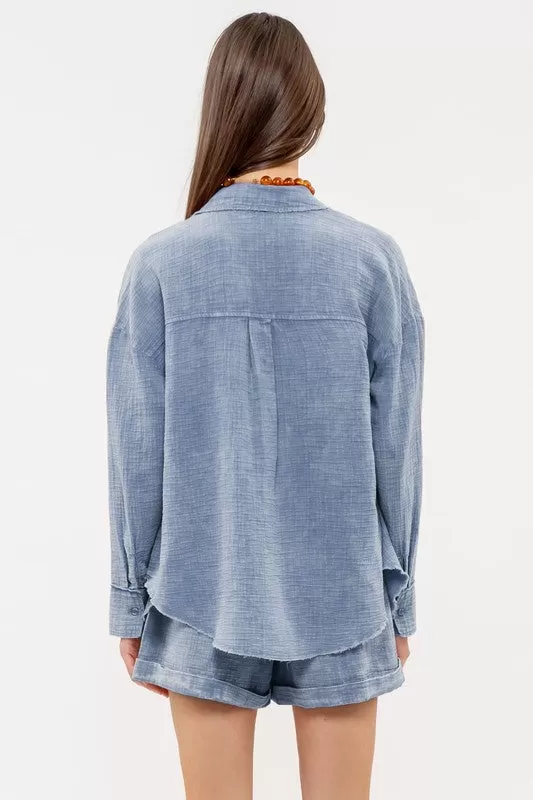 FINAL SALE - Mineral Washed Raw Edge Button Down- 3 colors!