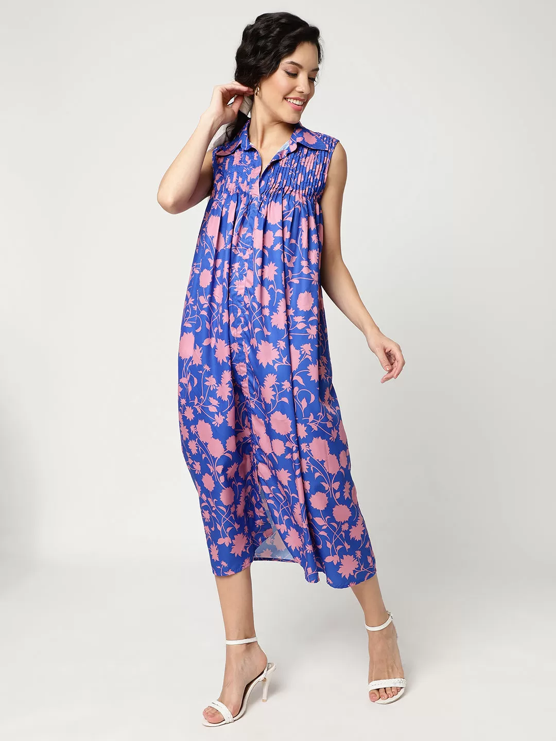 Floral Digital Printed Sleeveless Dress With Gathered Loose Fit