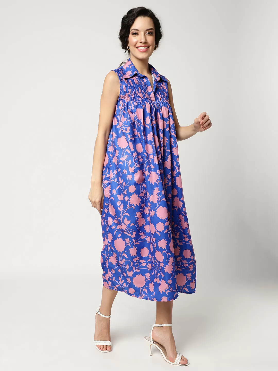 Floral Digital Printed Sleeveless Dress With Gathered Loose Fit