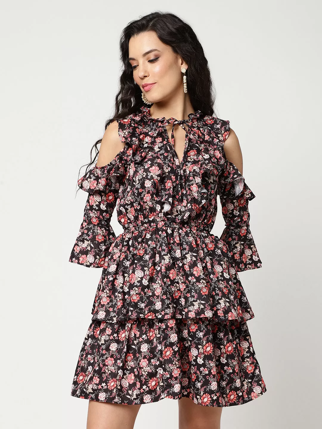 Floral Multicolor Digital Printed Dress With Ruffles