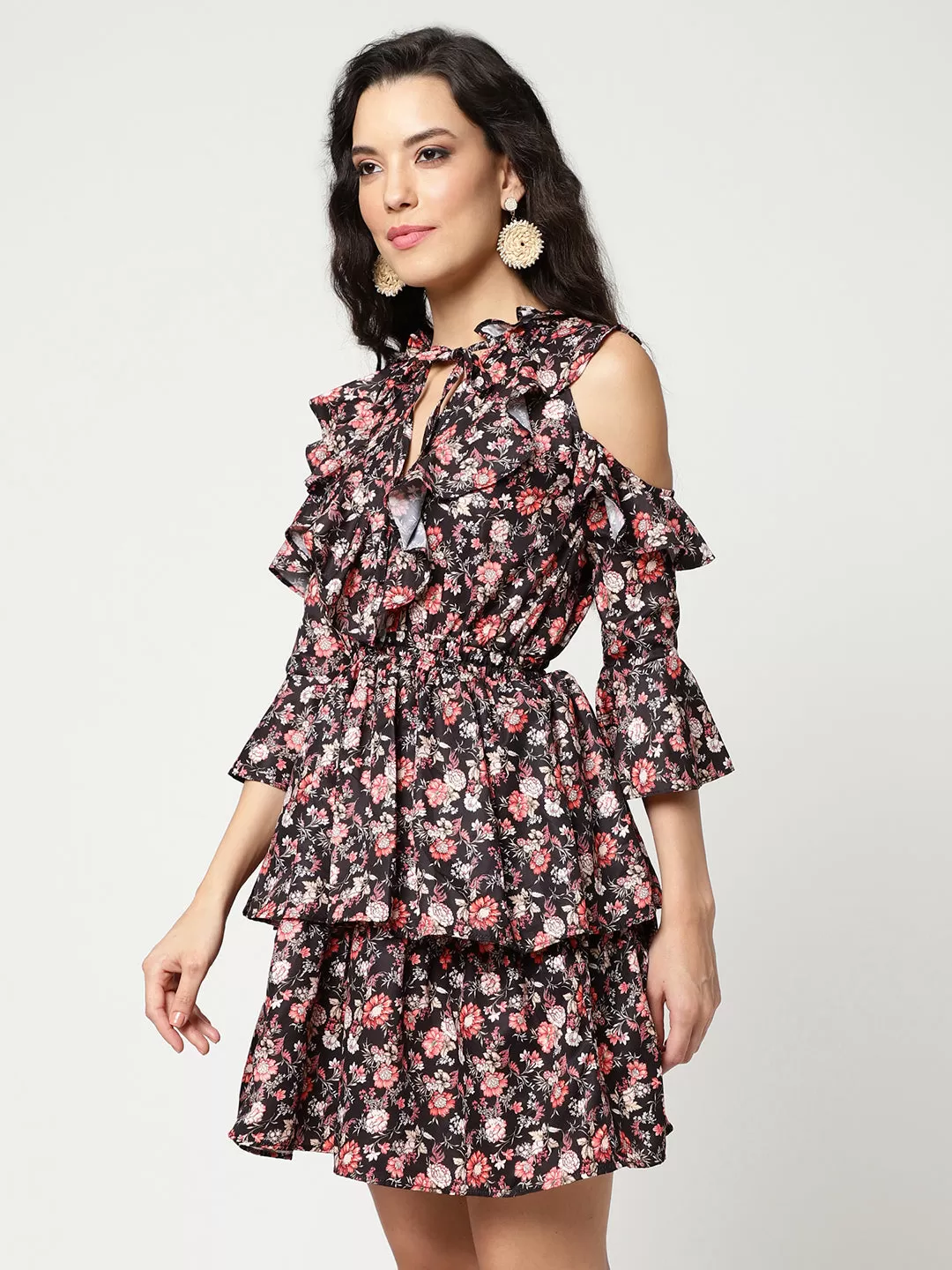 Floral Multicolor Digital Printed Dress With Ruffles