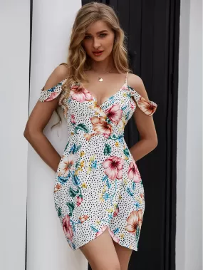 Floral Polka Dot Surplice Wrap Dress