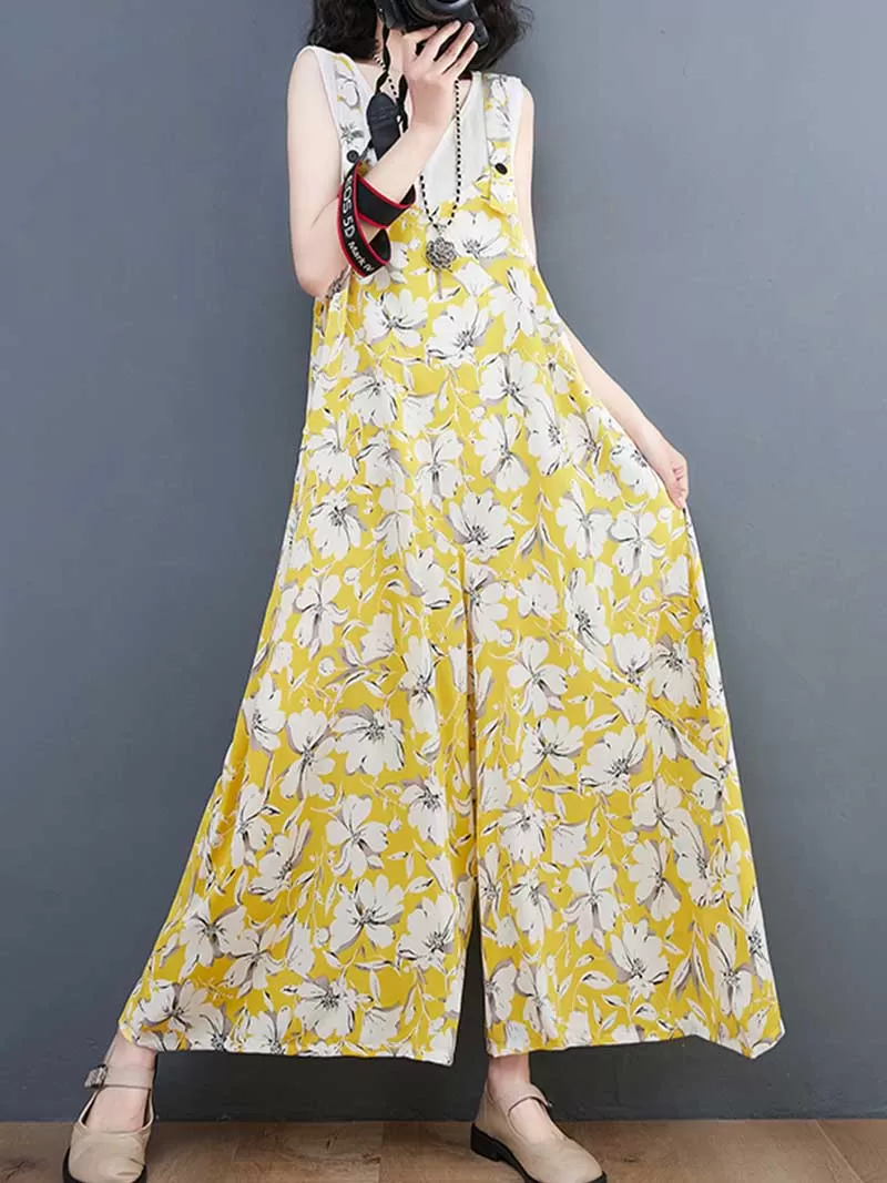 Floral Print Cotton Wide-Leg Overall Jumpsuit