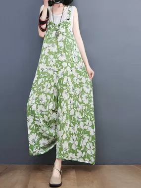 Floral Print Cotton Wide-Leg Overall Jumpsuit