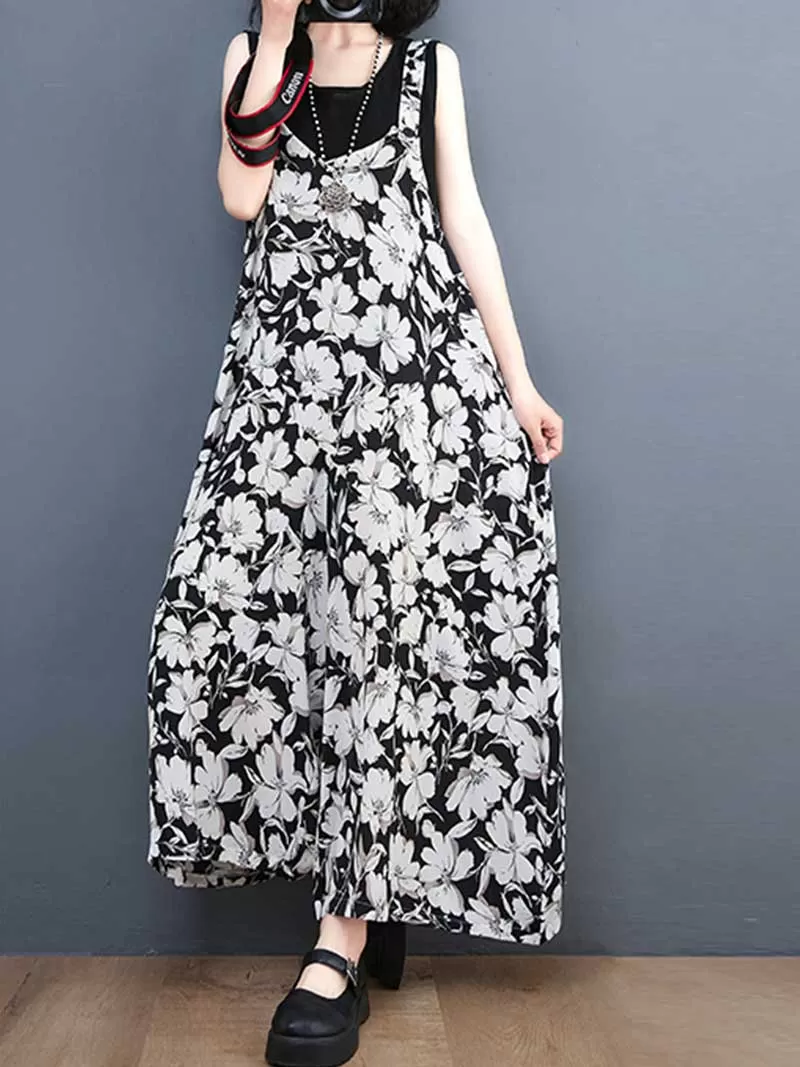 Floral Print Cotton Wide-Leg Overall Jumpsuit