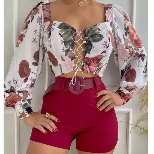 Floral Print V Neck Top & Shorts Set