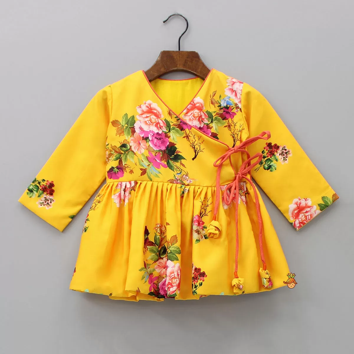 Floral Printed Angrakha Style Yellow Kurti With Dhoti And Mukut