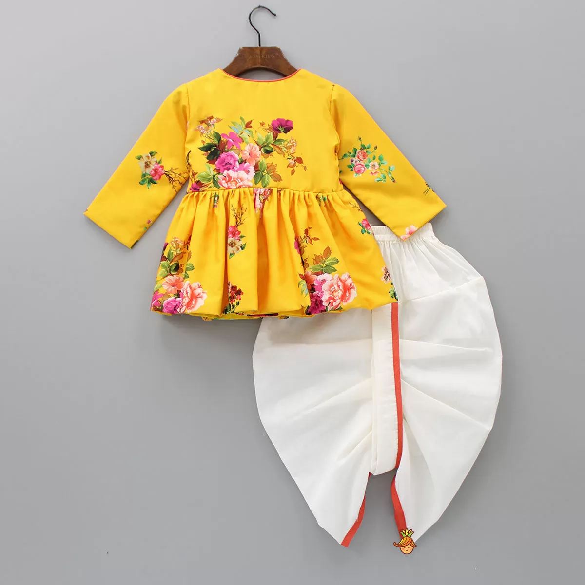 Floral Printed Angrakha Style Yellow Kurti With Dhoti And Mukut