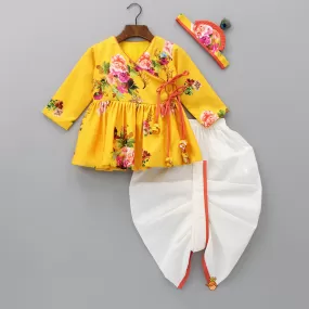 Floral Printed Angrakha Style Yellow Kurti With Dhoti And Mukut