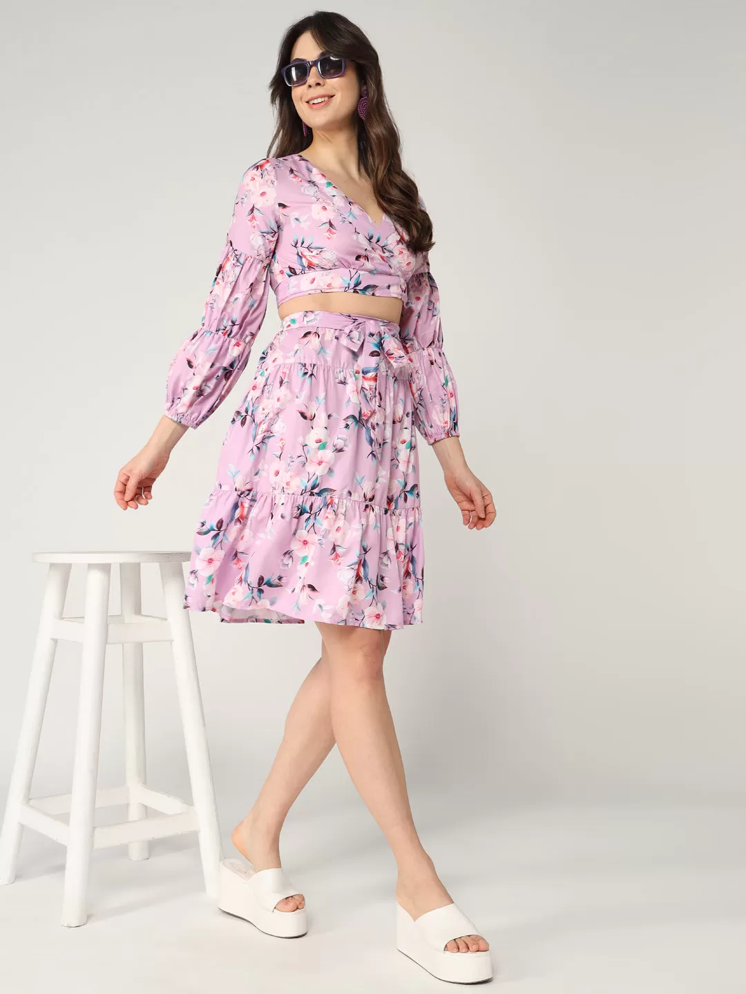 Floral Printed Crop Top With Fit-Flare Skirt Set