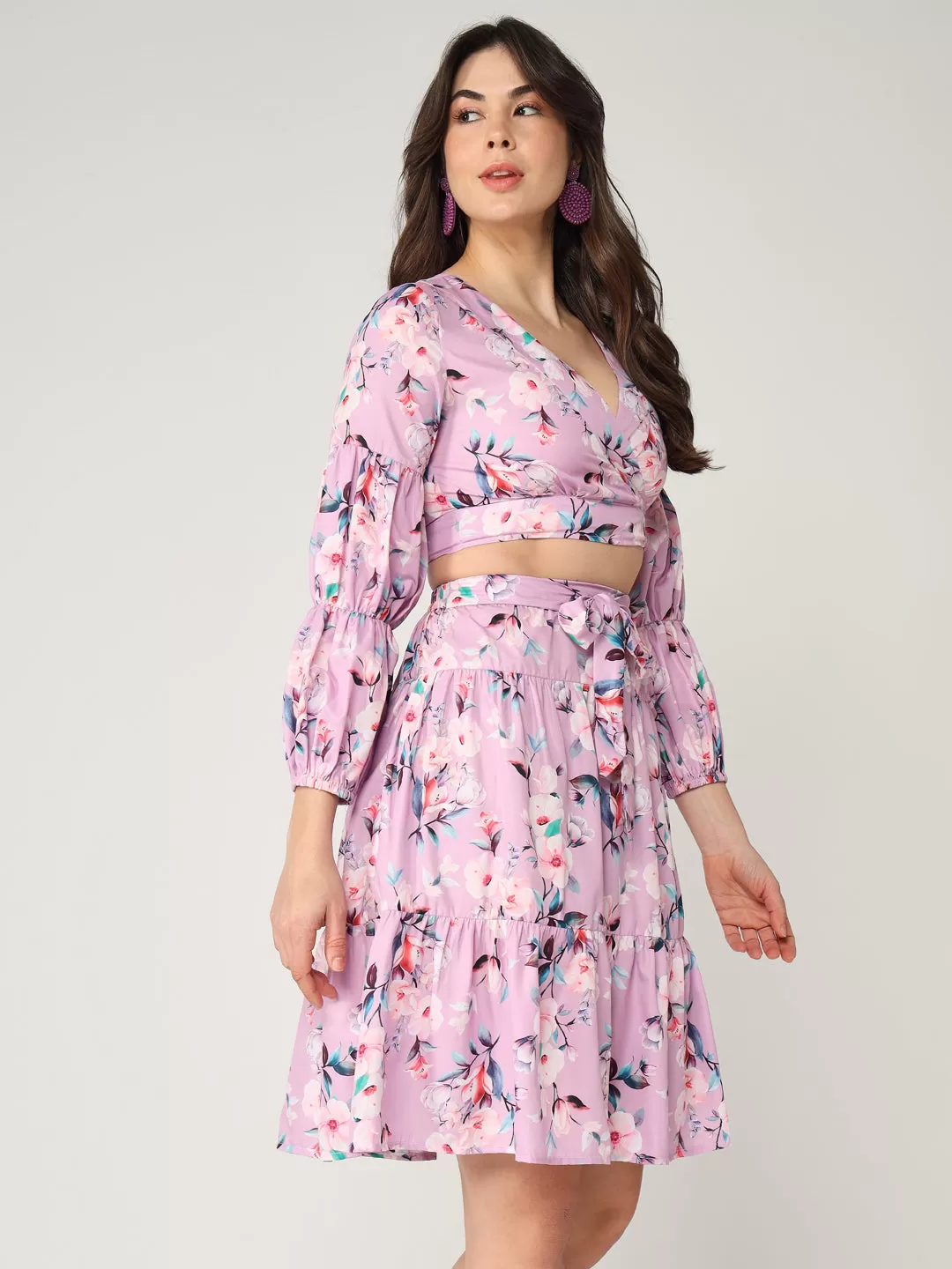 Floral Printed Crop Top With Fit-Flare Skirt Set