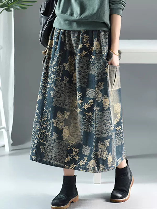 Floral Printing Denim Skirt