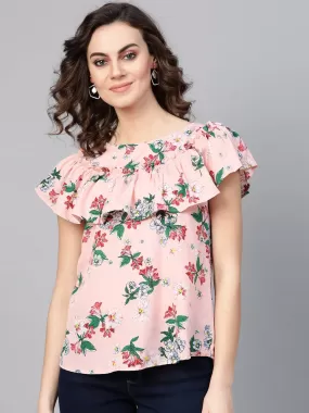 Floral Top With Gathered Neck Flare