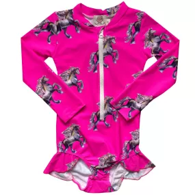 Fluro Horses Girls Long Sleeve Zip Swimmers