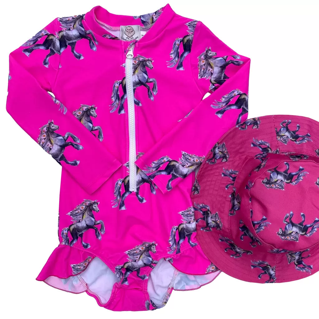 Fluro Horses Girls Long Sleeve Zip Swimmers