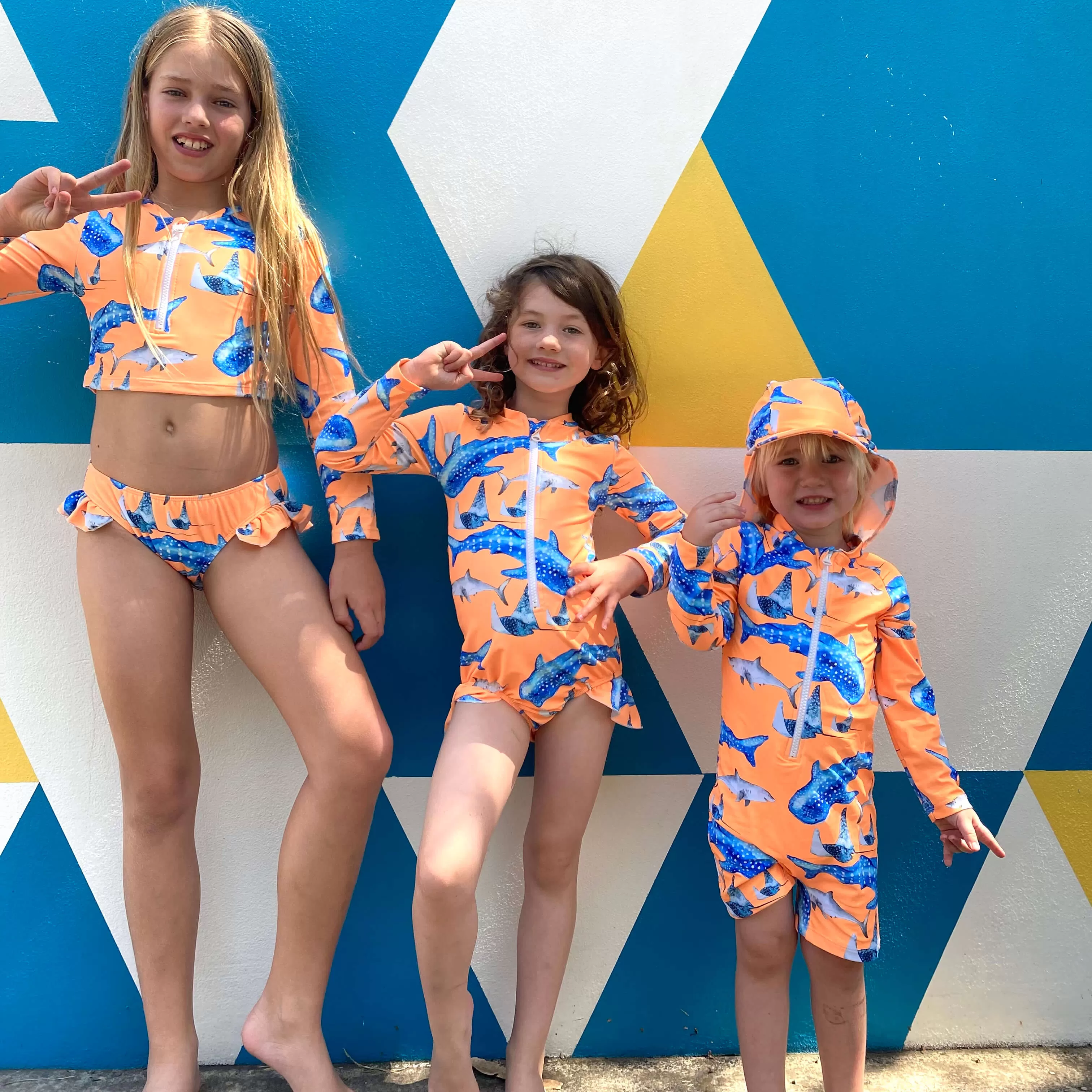 Fluro Orange Sharks Girls Long Sleeve Zip Swimmers