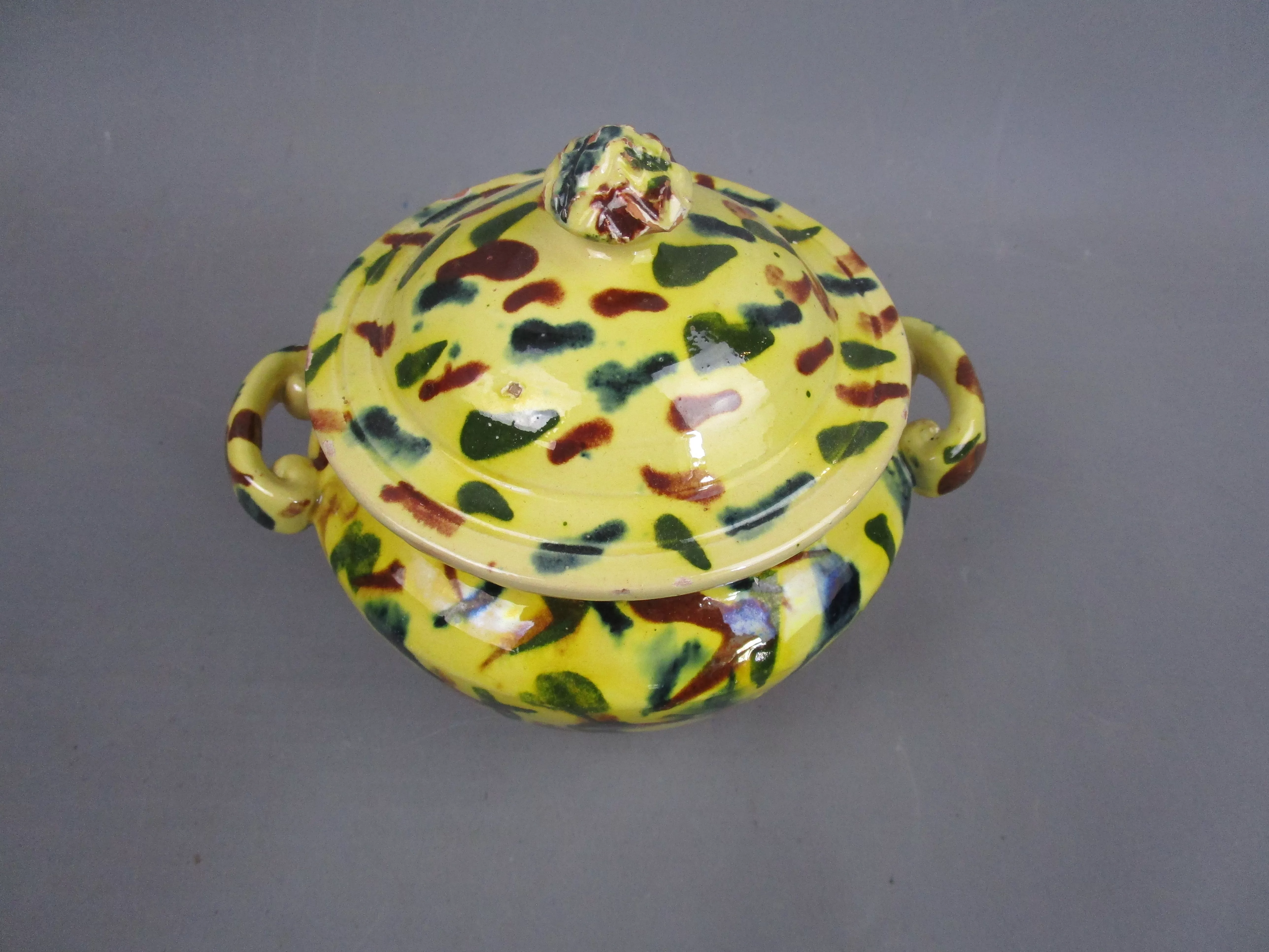 French Hand Painted Yellow Mottled Effect Twin Handle Lidded Pot Antique c1920