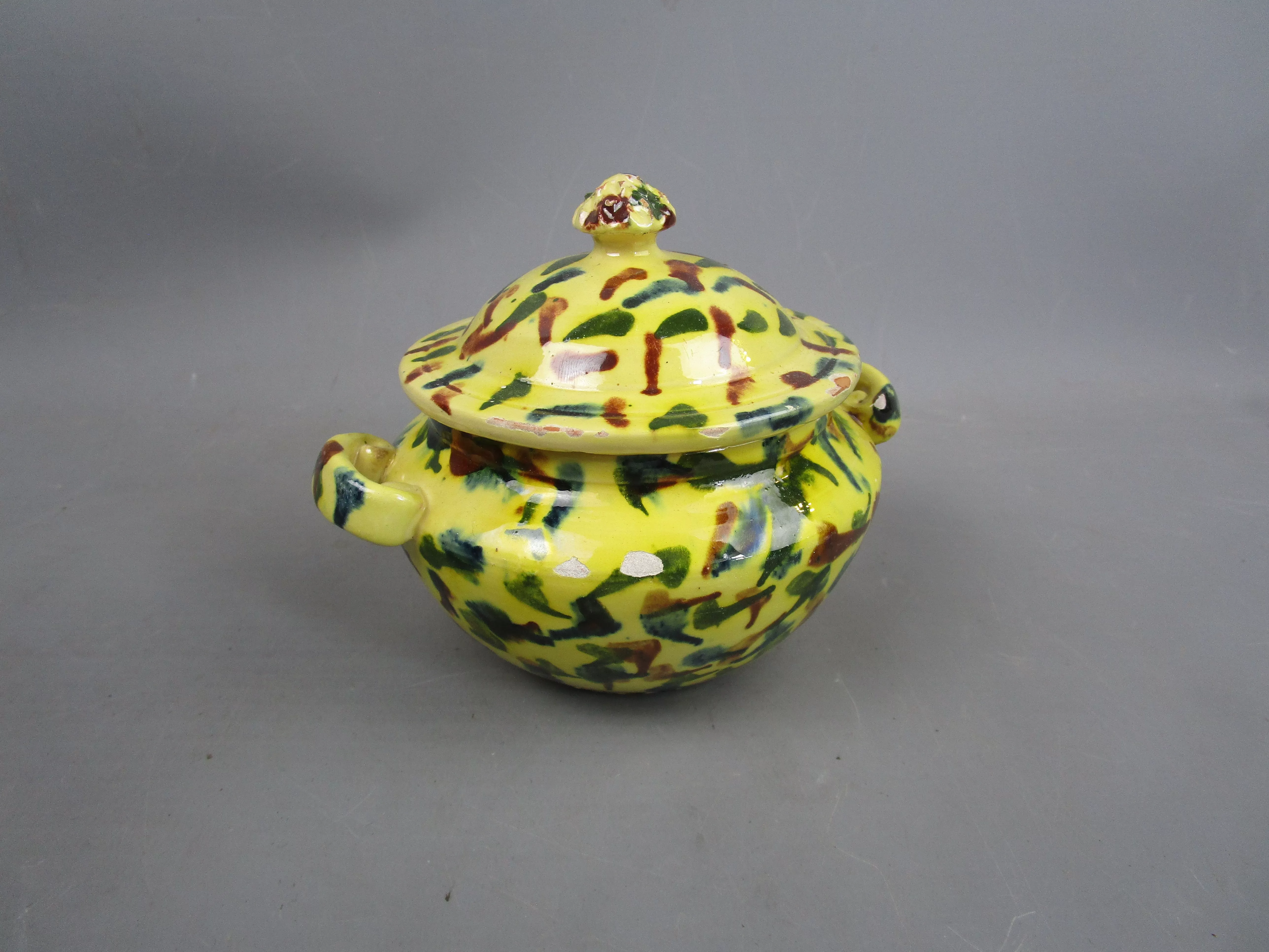 French Hand Painted Yellow Mottled Effect Twin Handle Lidded Pot Antique c1920