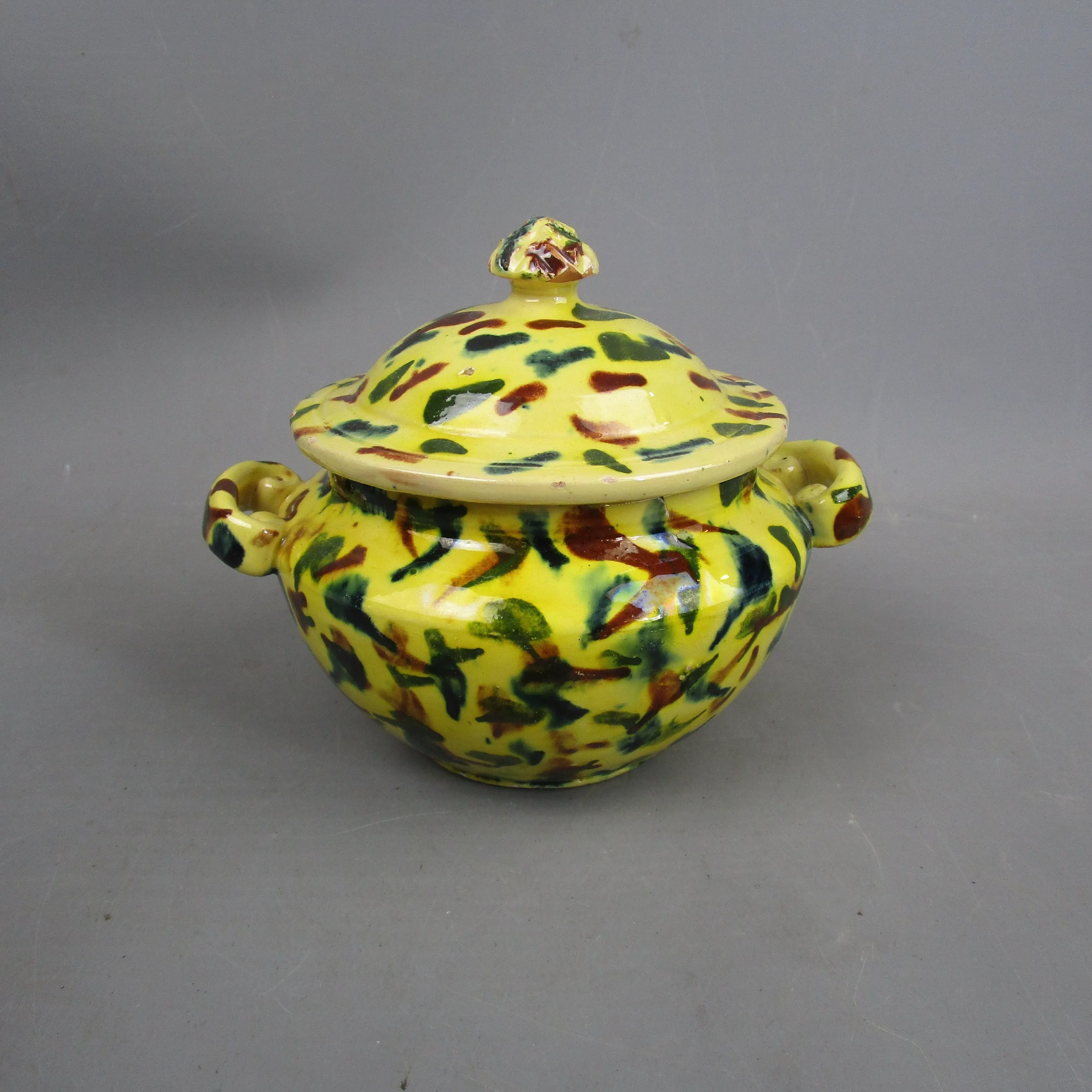 French Hand Painted Yellow Mottled Effect Twin Handle Lidded Pot Antique c1920