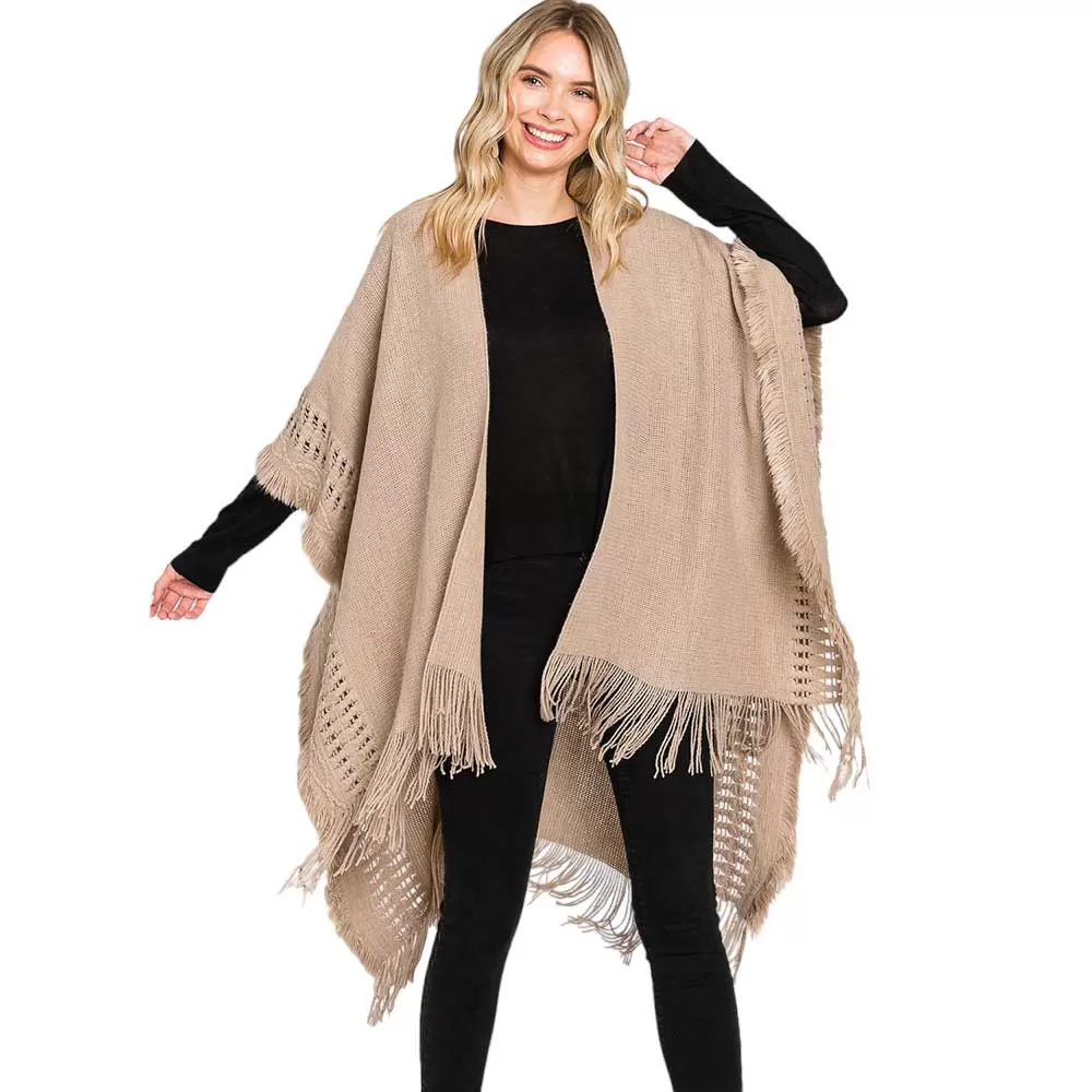 Fringe Cut Out Knit Ruana Poncho