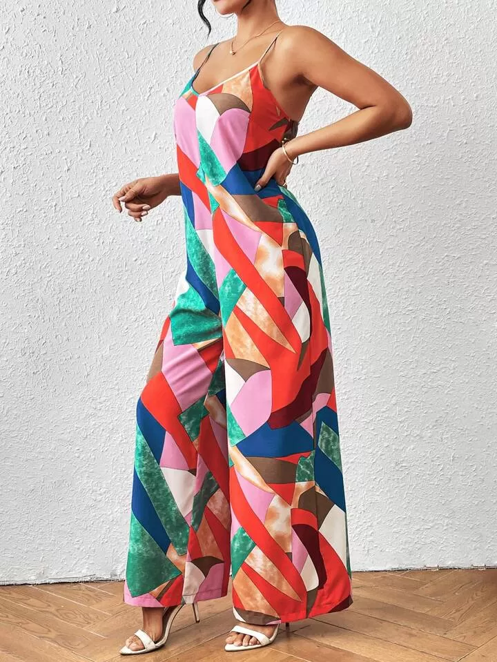 Geo print spaghetti strap jumpsuit in multi