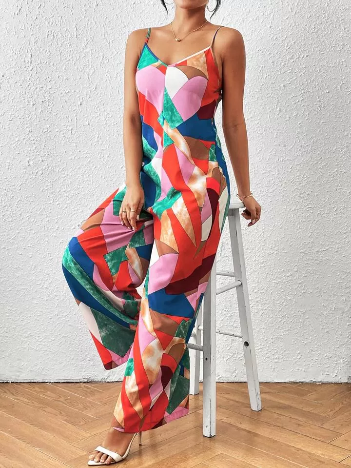 Geo print spaghetti strap jumpsuit in multi