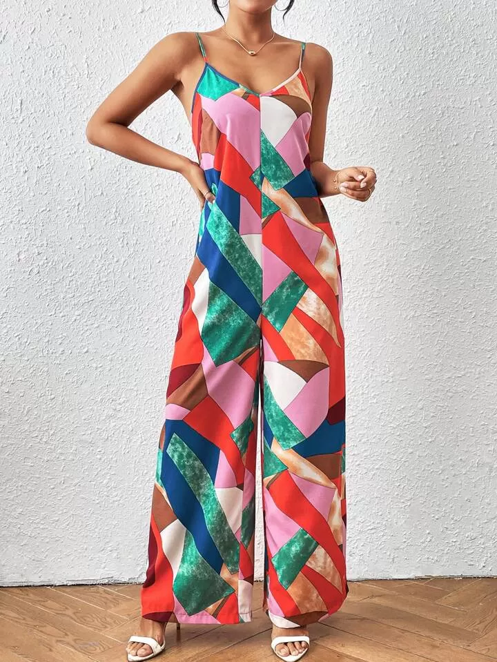 Geo print spaghetti strap jumpsuit in multi