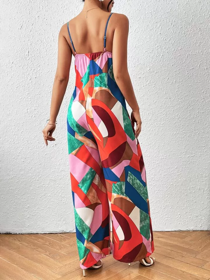 Geo print spaghetti strap jumpsuit in multi