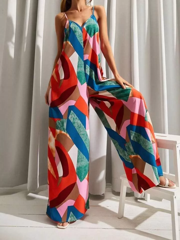 Geo print spaghetti strap jumpsuit in multi