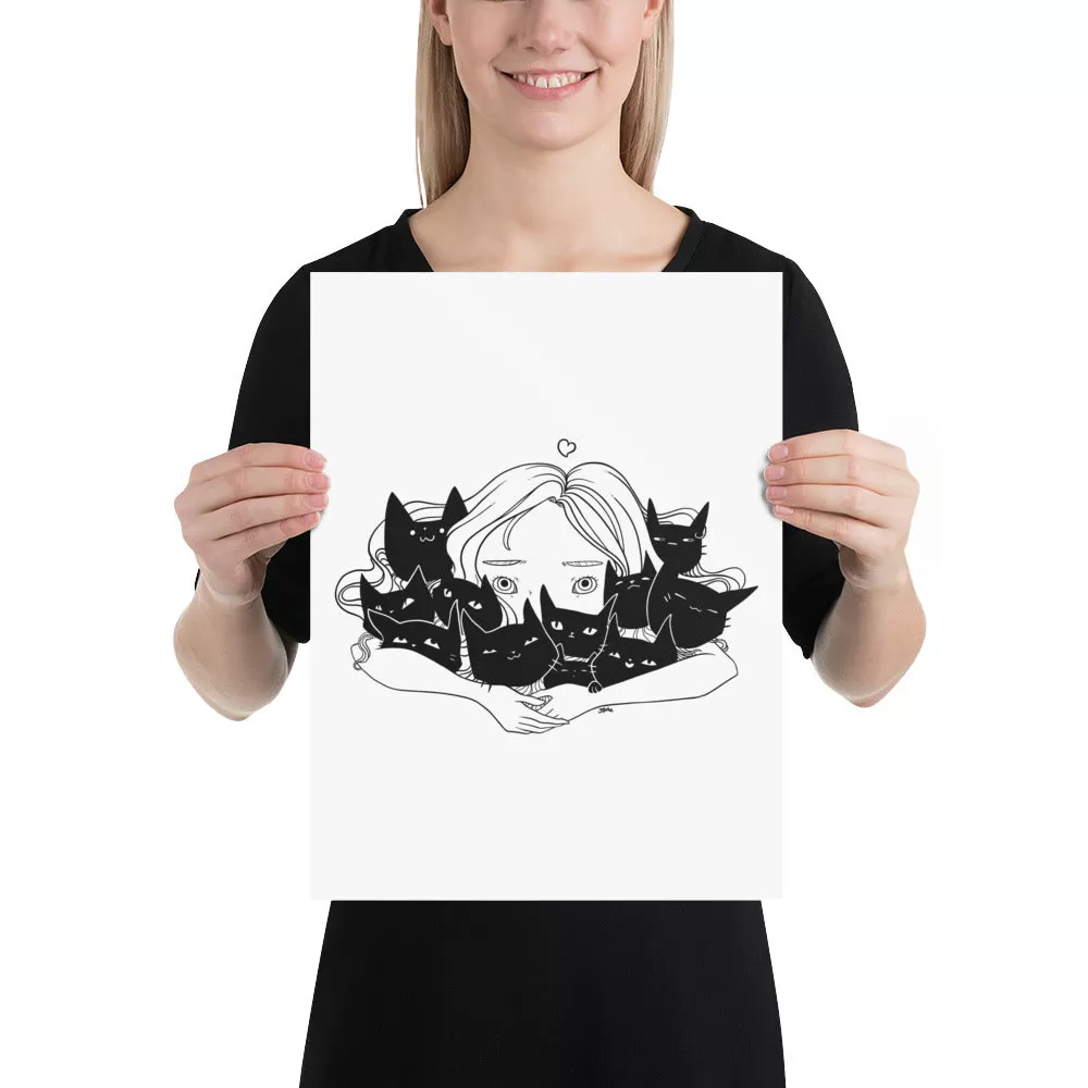 Girl Hugging Cats, Matte Art Print Poster