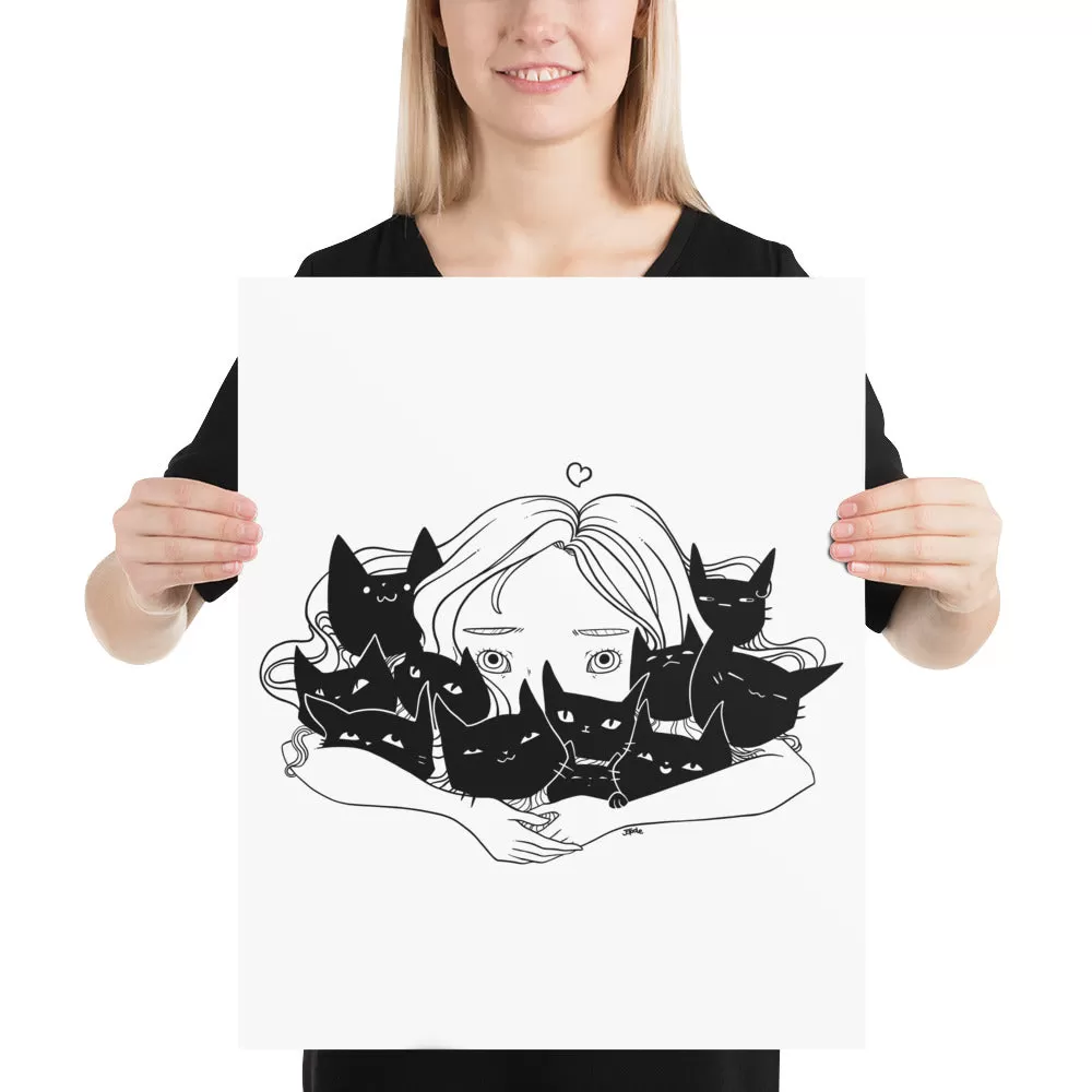 Girl Hugging Cats, Matte Art Print Poster