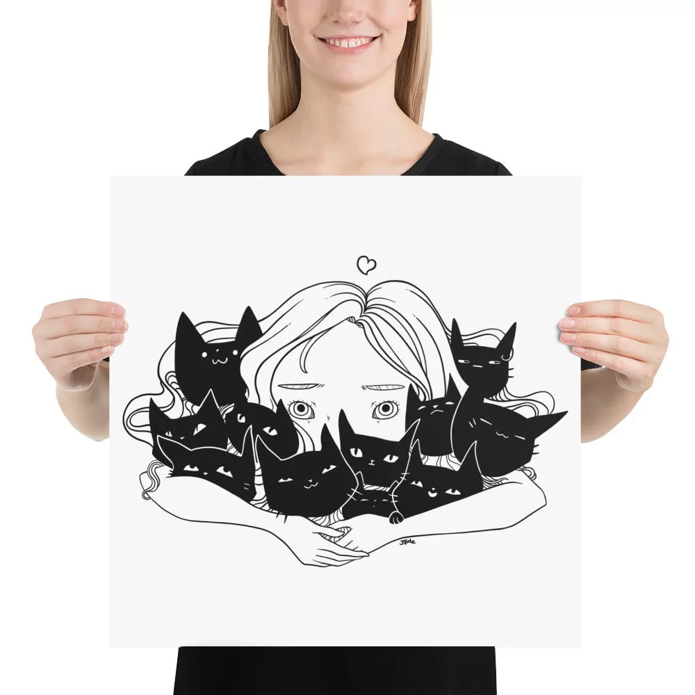 Girl Hugging Cats, Matte Art Print Poster