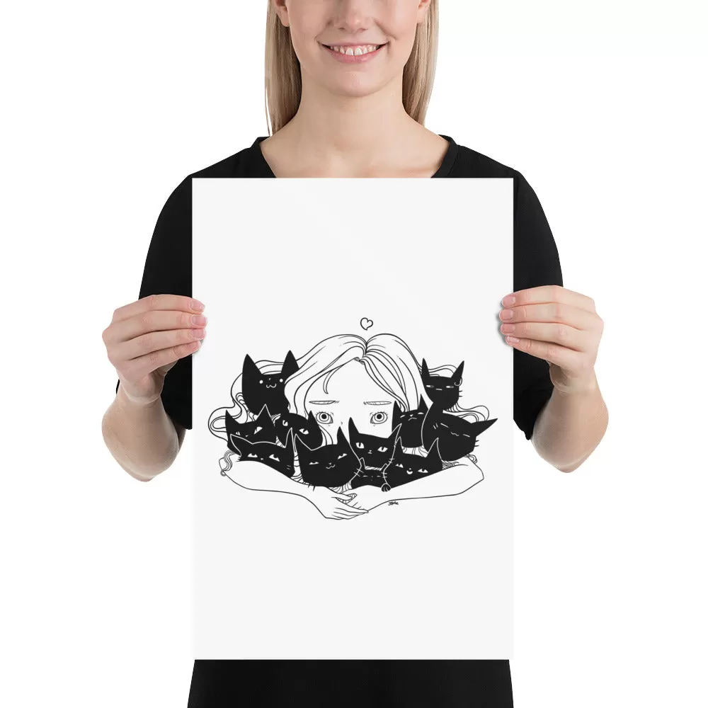 Girl Hugging Cats, Matte Art Print Poster