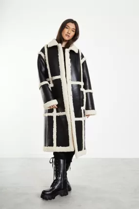 Glamorous Black Cream Long Shearling Seamed Coat with Collar