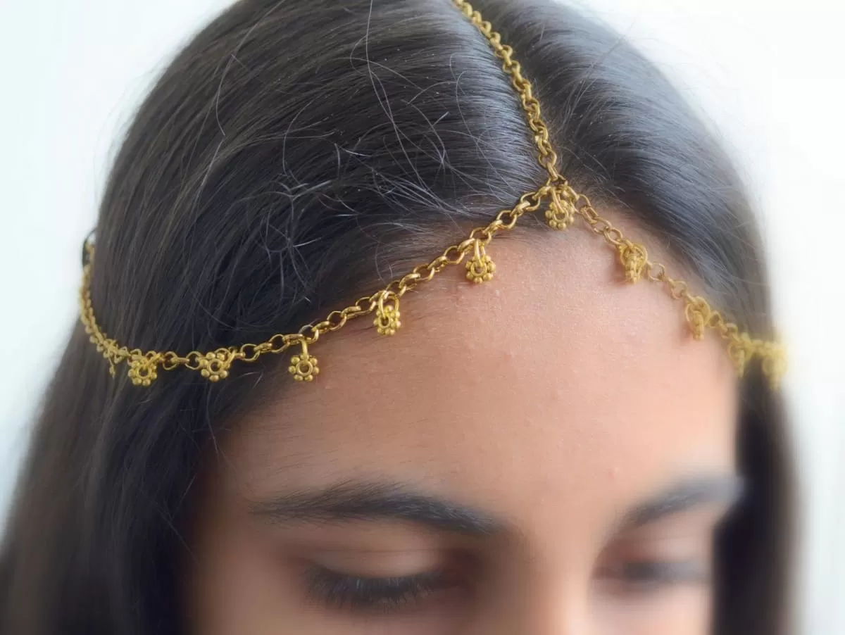 Gold Headchain, Matha Patti Indian wedding accessory, small Maang tikka headpiece set