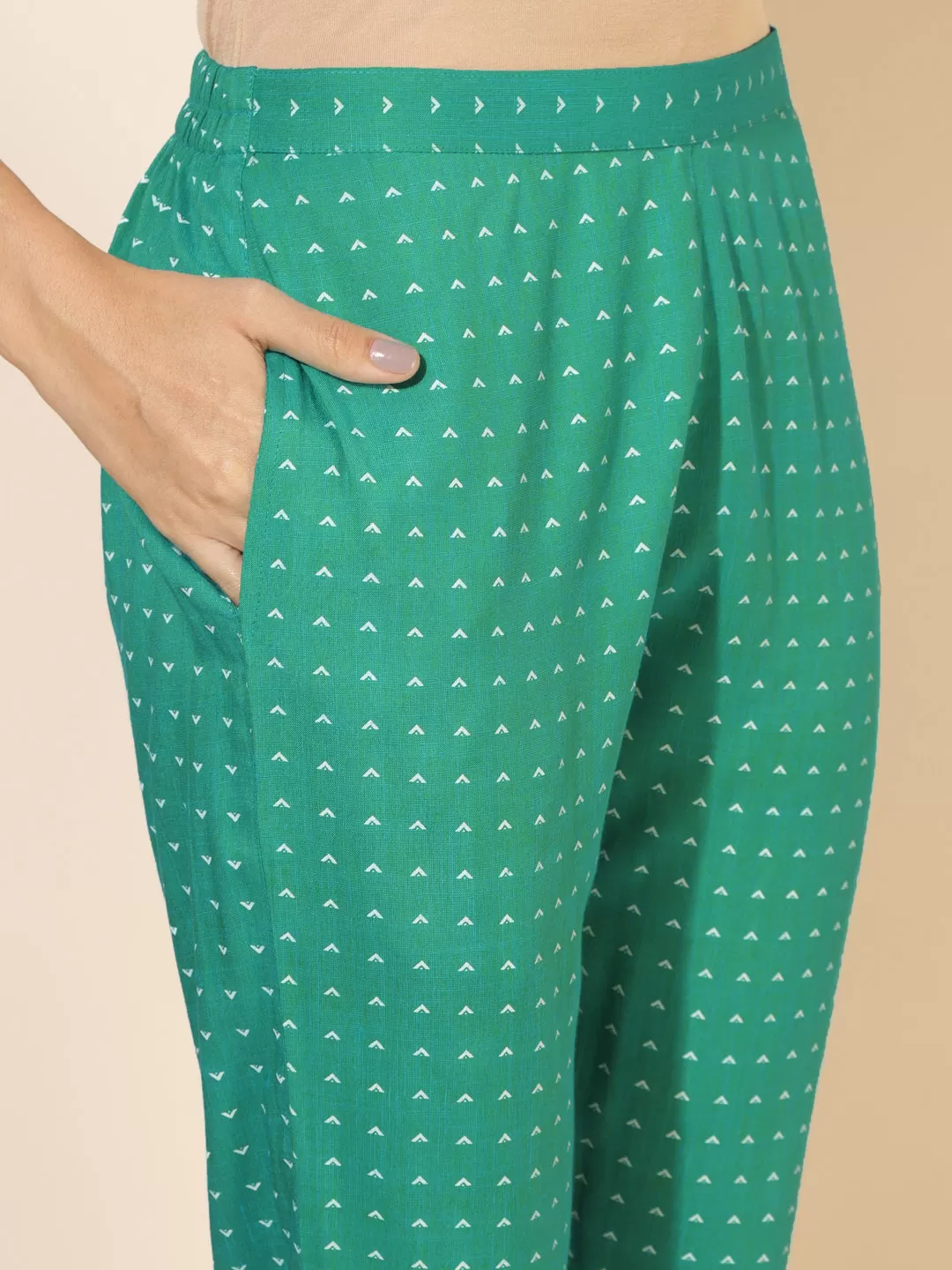 Green Cotton Geometric Kurta Pant Set