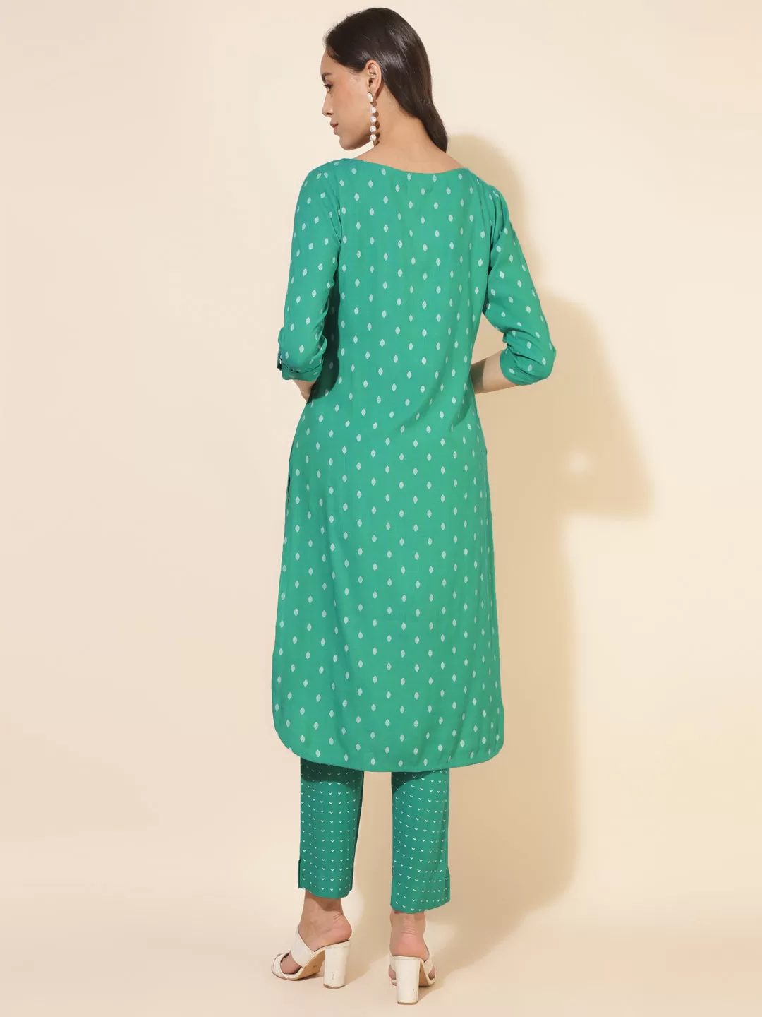 Green Cotton Geometric Kurta Pant Set