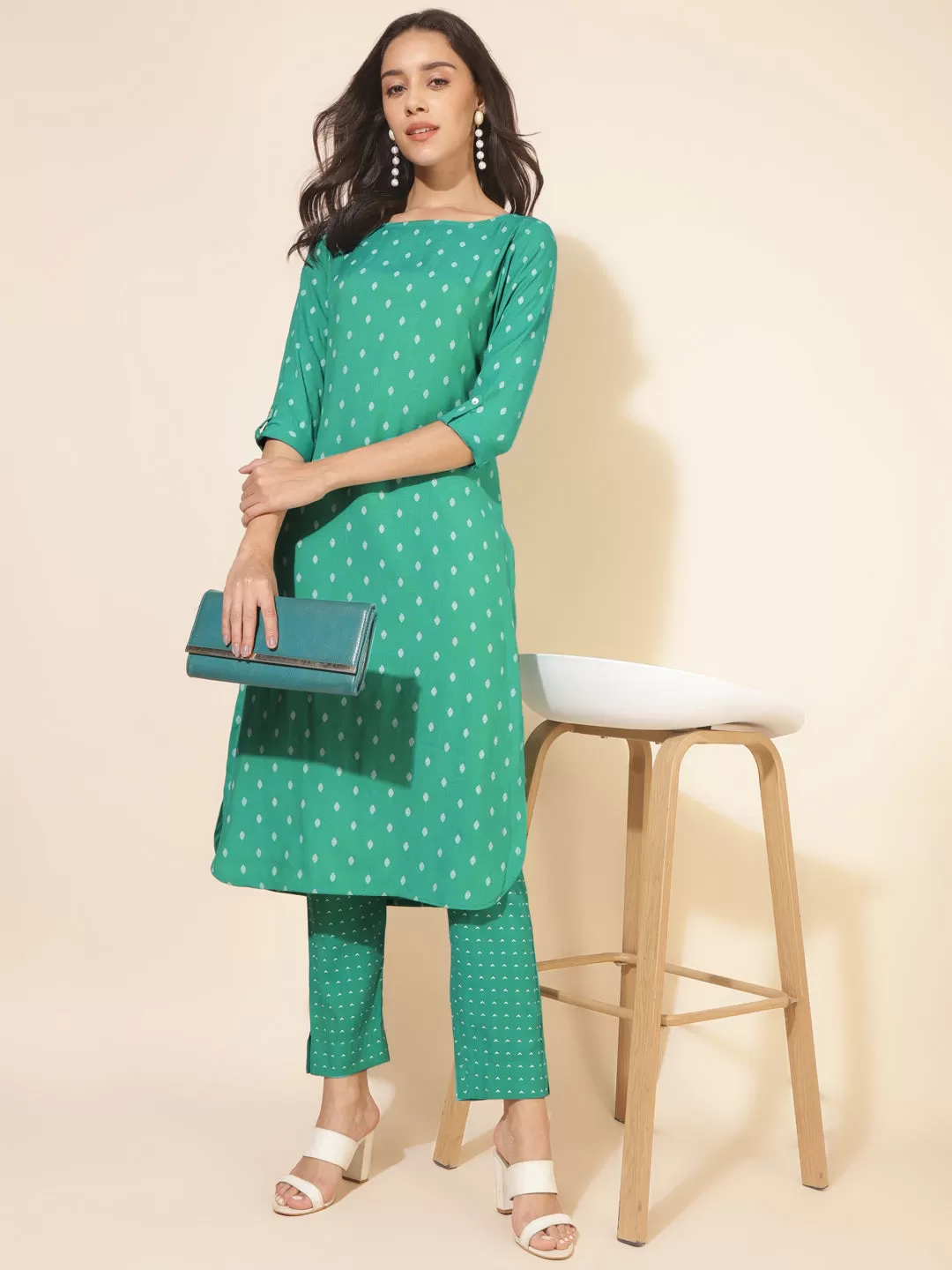 Green Cotton Geometric Kurta Pant Set