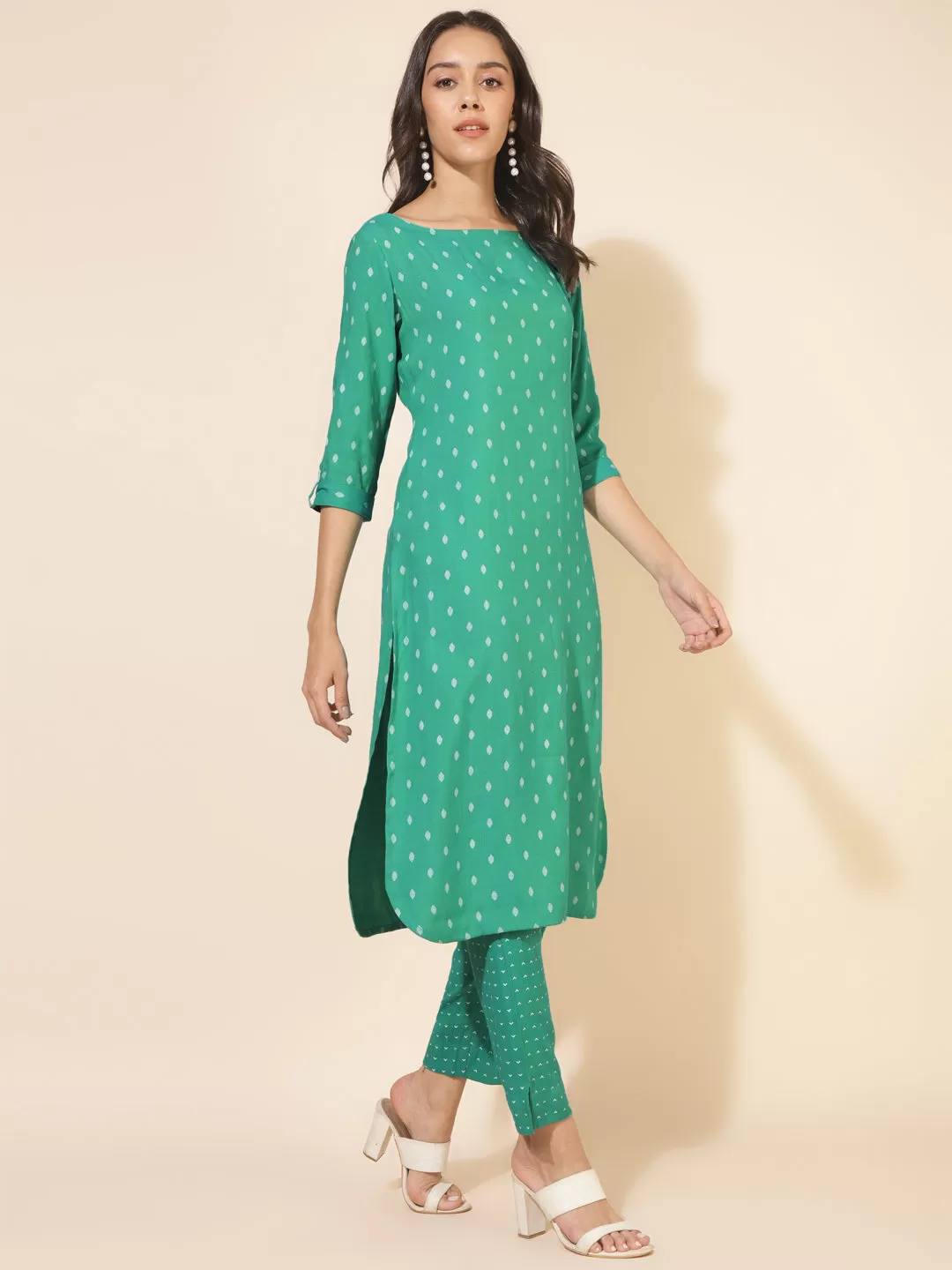 Green Cotton Geometric Kurta Pant Set