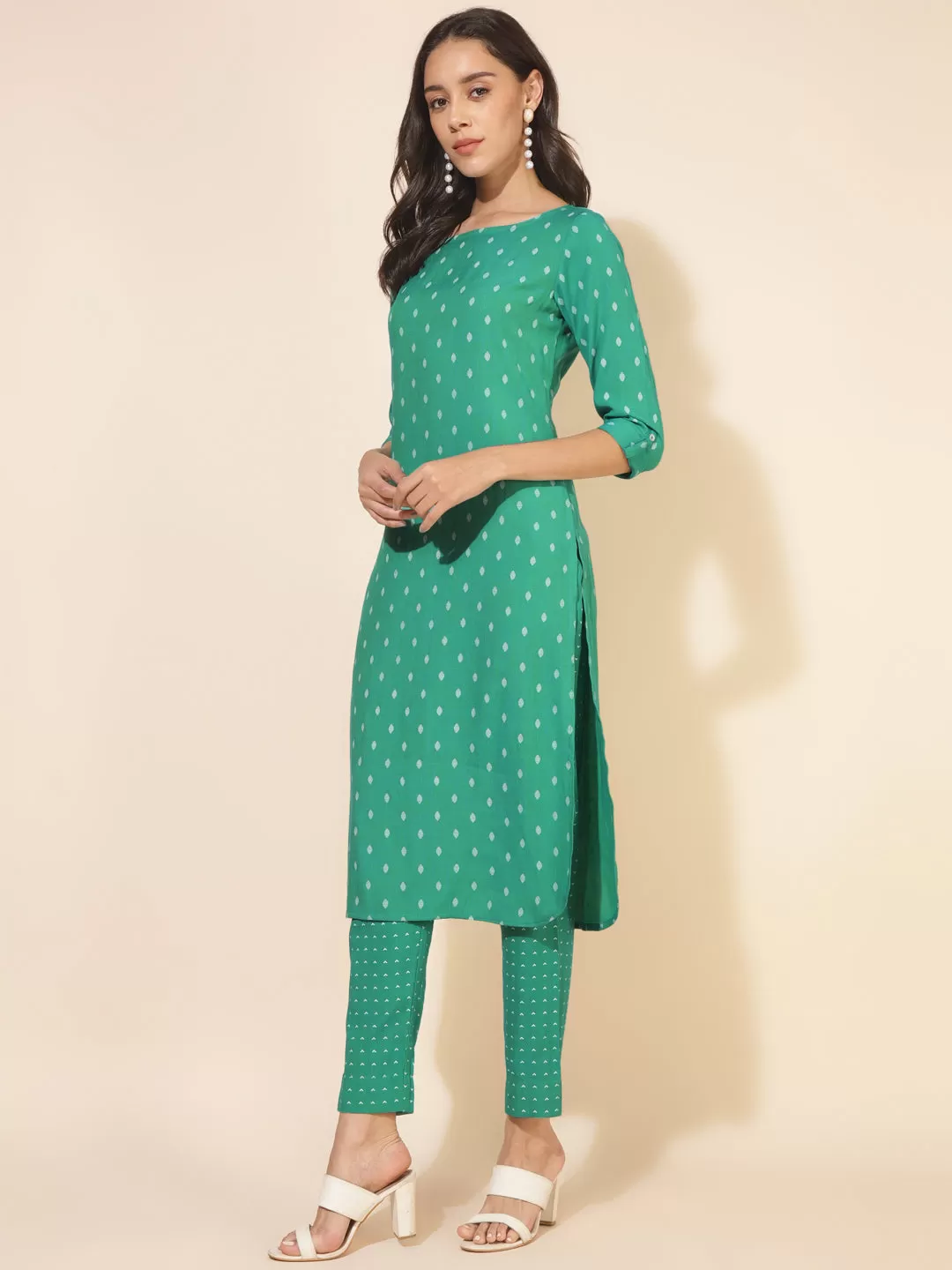 Green Cotton Geometric Kurta Pant Set