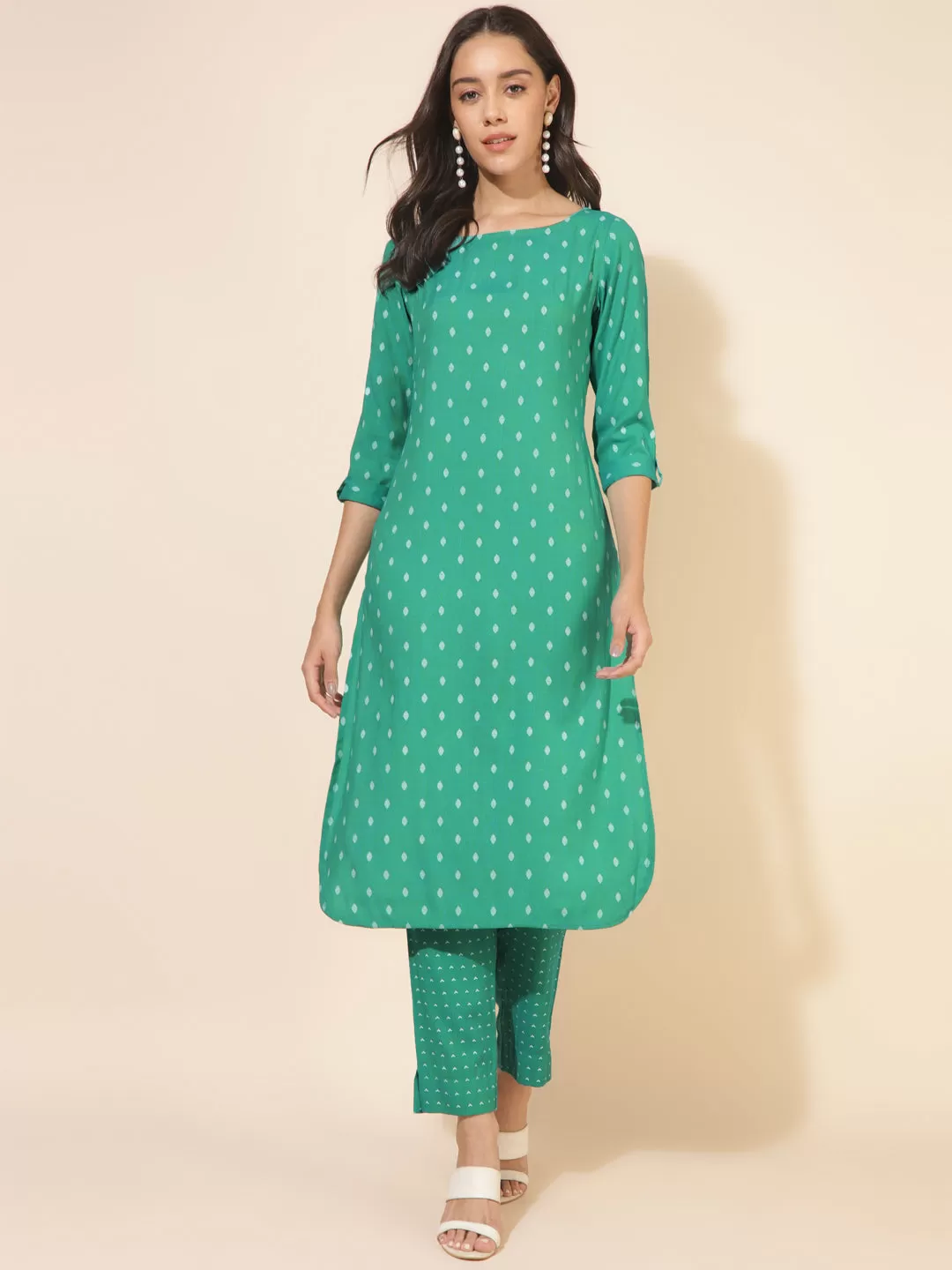 Green Cotton Geometric Kurta Pant Set