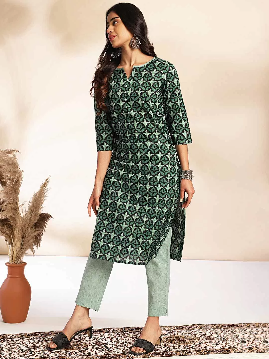 Green Cotton Printed Kurta Pant Set