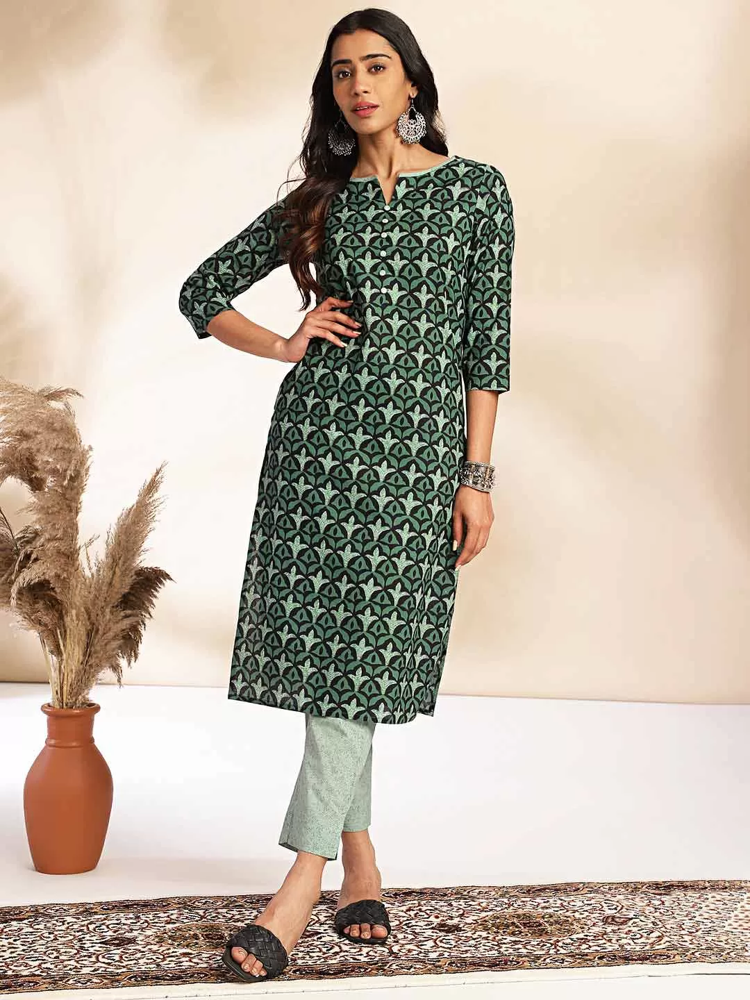 Green Cotton Printed Kurta Pant Set