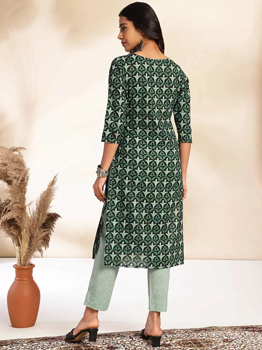 Green Cotton Printed Kurta Pant Set