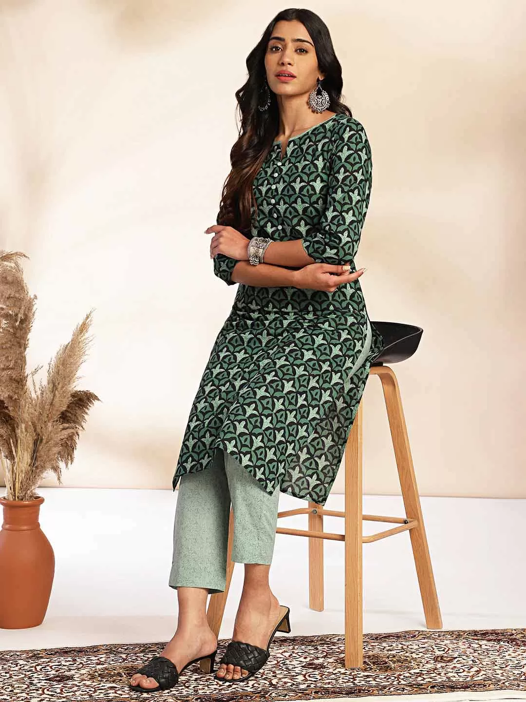 Green Cotton Printed Kurta Pant Set