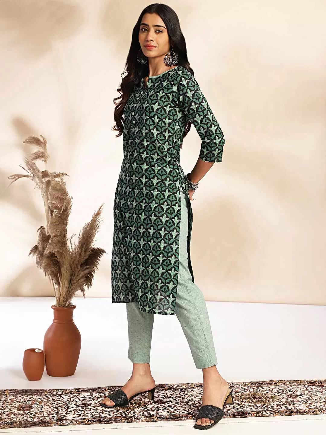 Green Cotton Printed Kurta Pant Set