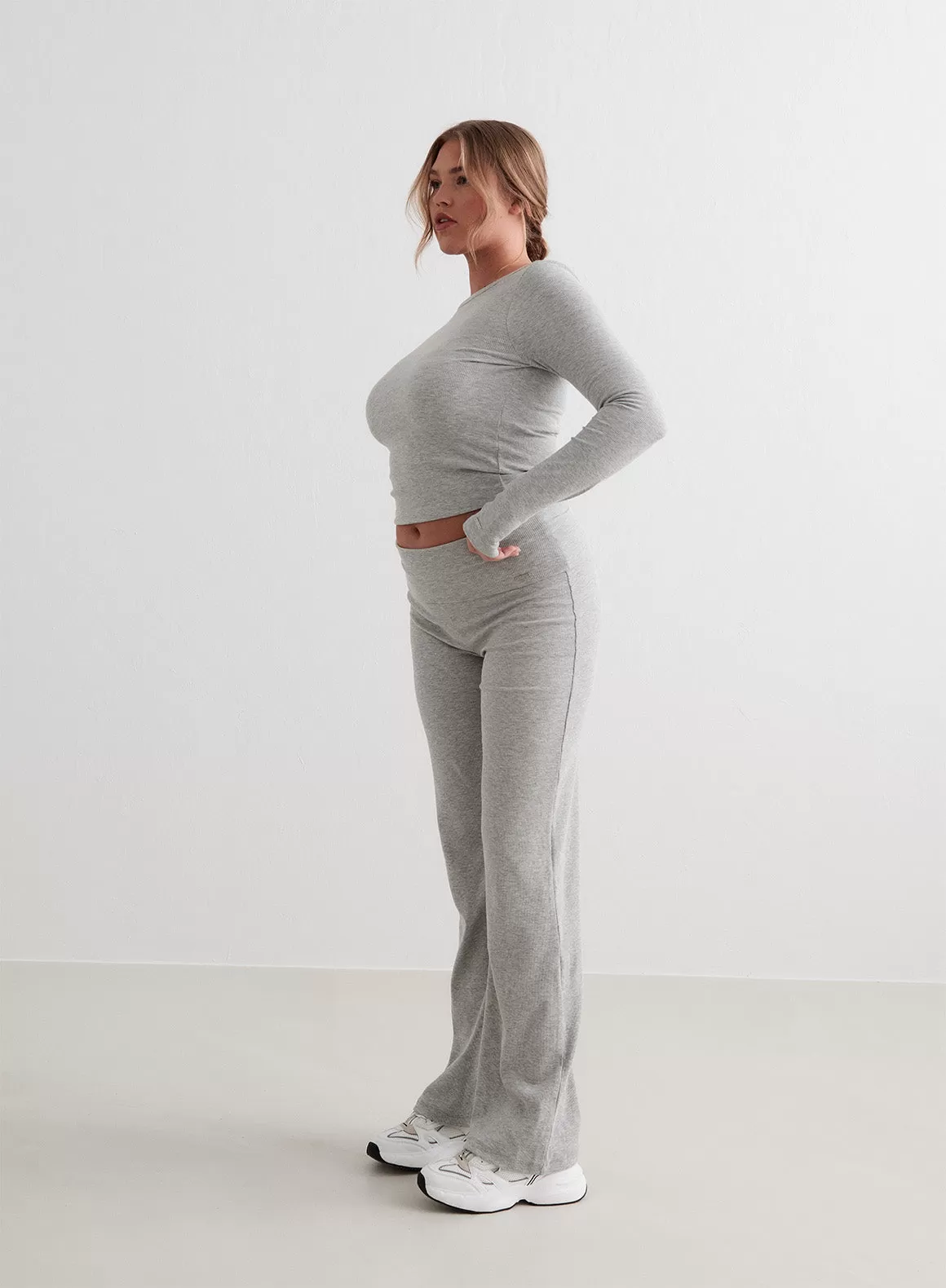 Grey Melange Ease Ribbed Long Sleeve Top